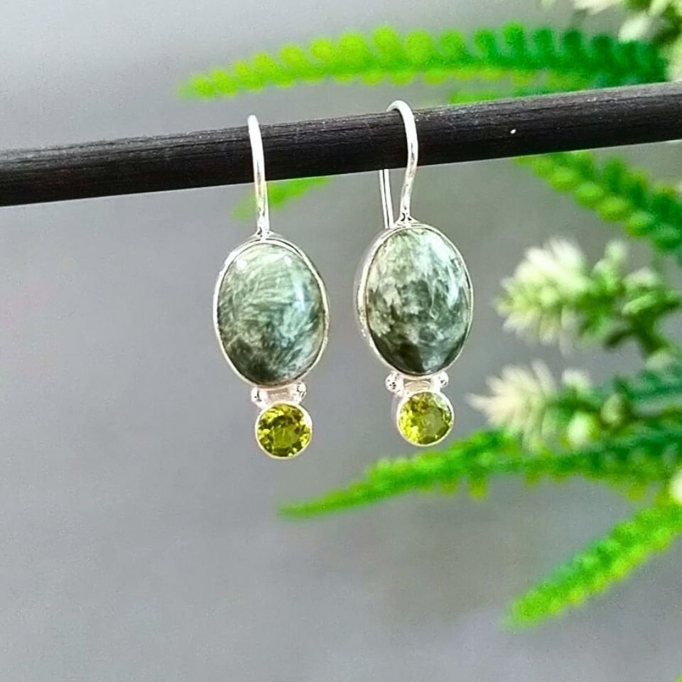 Seraphinite and Chrysolite Stone Special Design Earrings