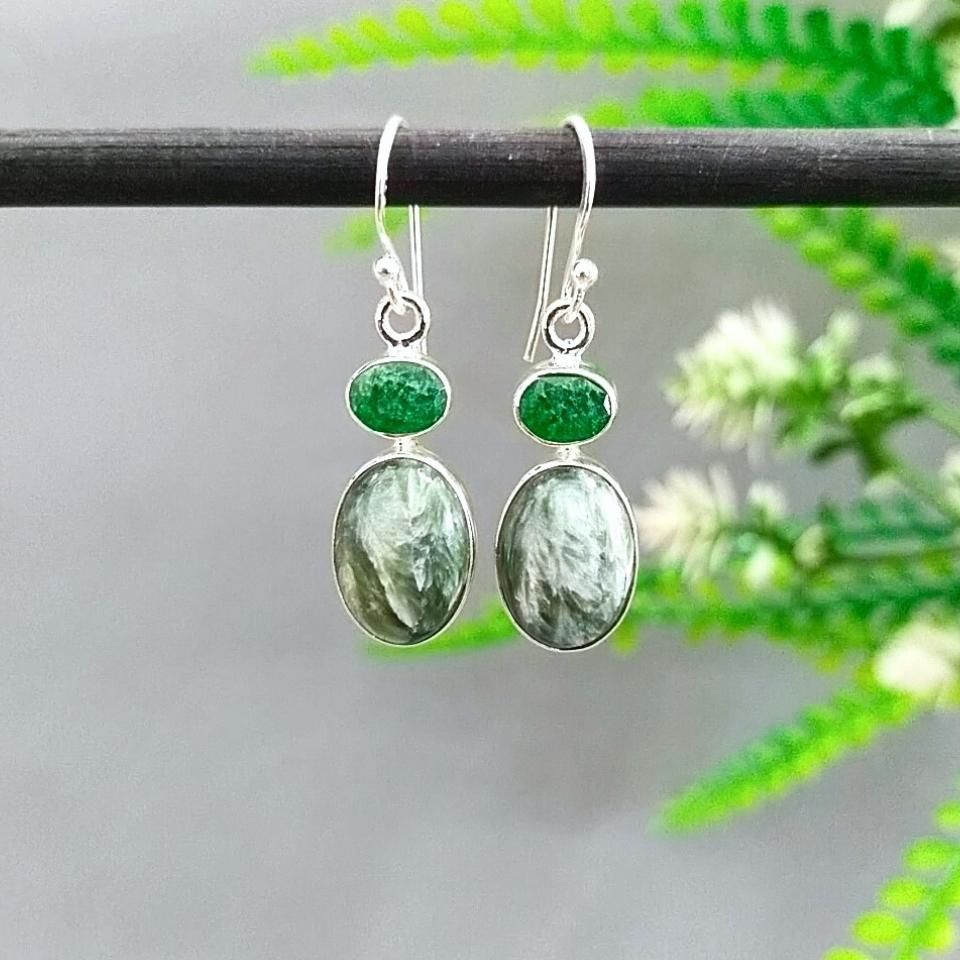 Seraphinite and Emerald Stone Special Design Earrings