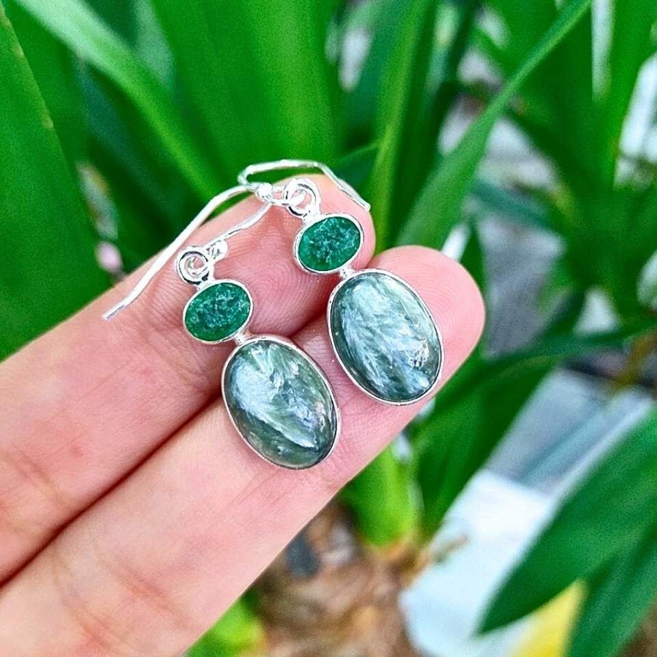 Seraphinite and Emerald Stone Special Design Earrings