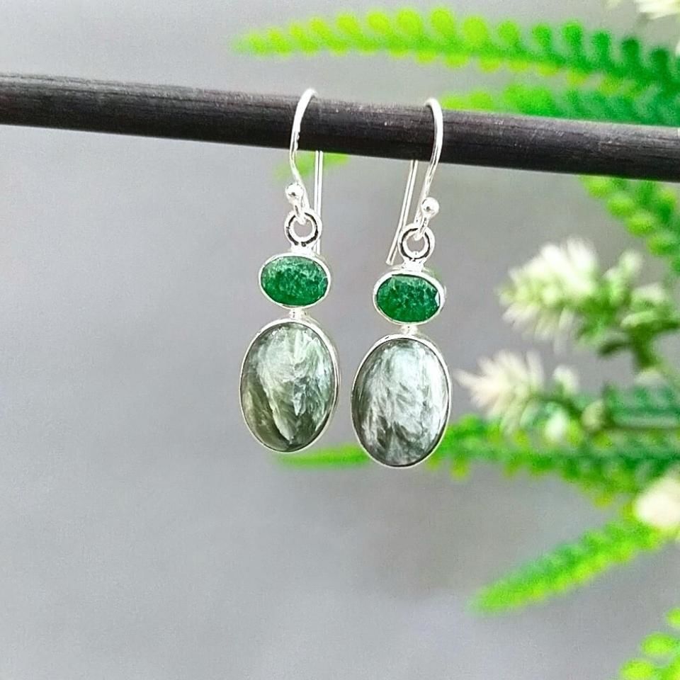 Seraphinite and Emerald Stone Special Design Earrings