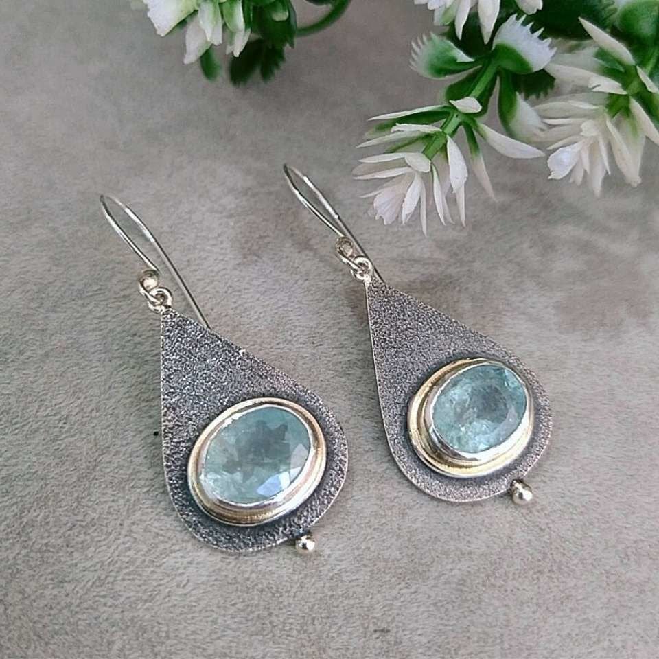 Akuamarin Taşı Özel Tasarım Küpe 0682