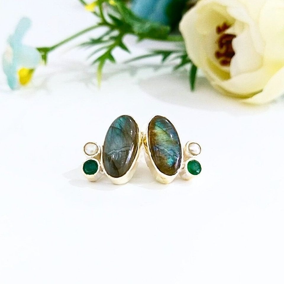 Labradorite, Pearl and Jade Natural Stone Earrings