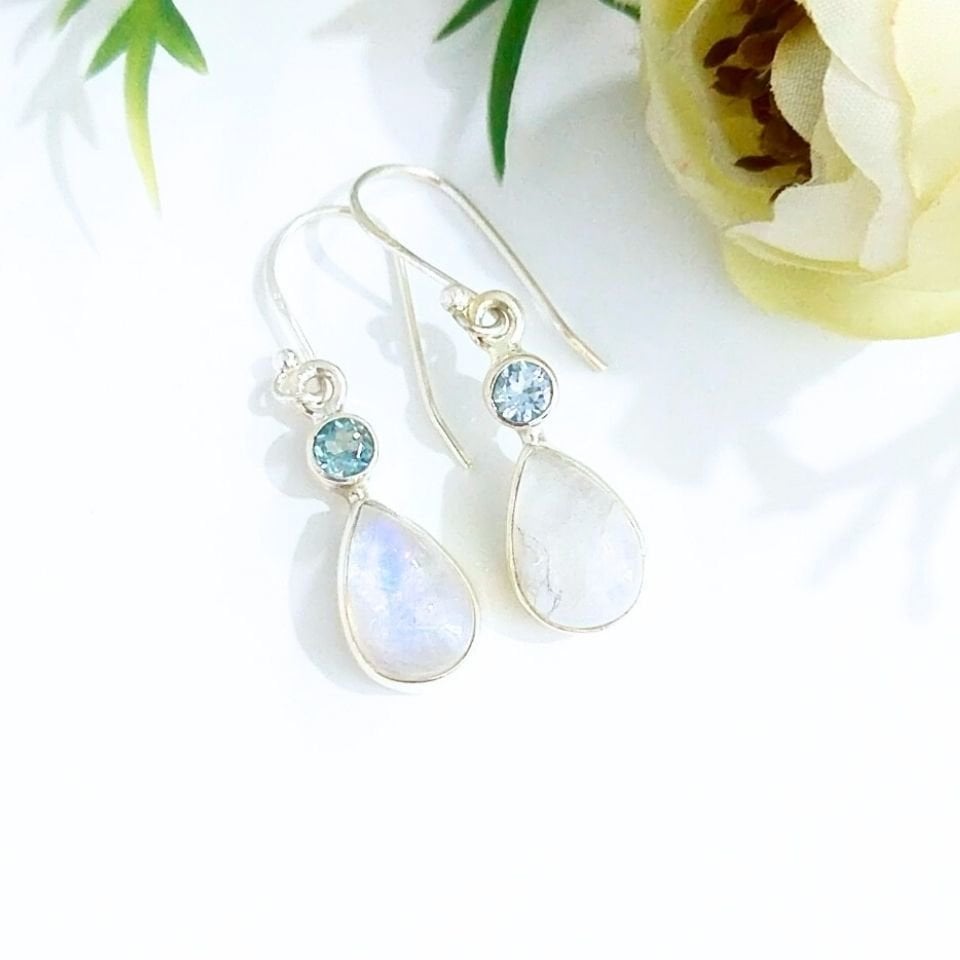 Ay Taşı ve Blue Topaz Özel Tasarım Küpe