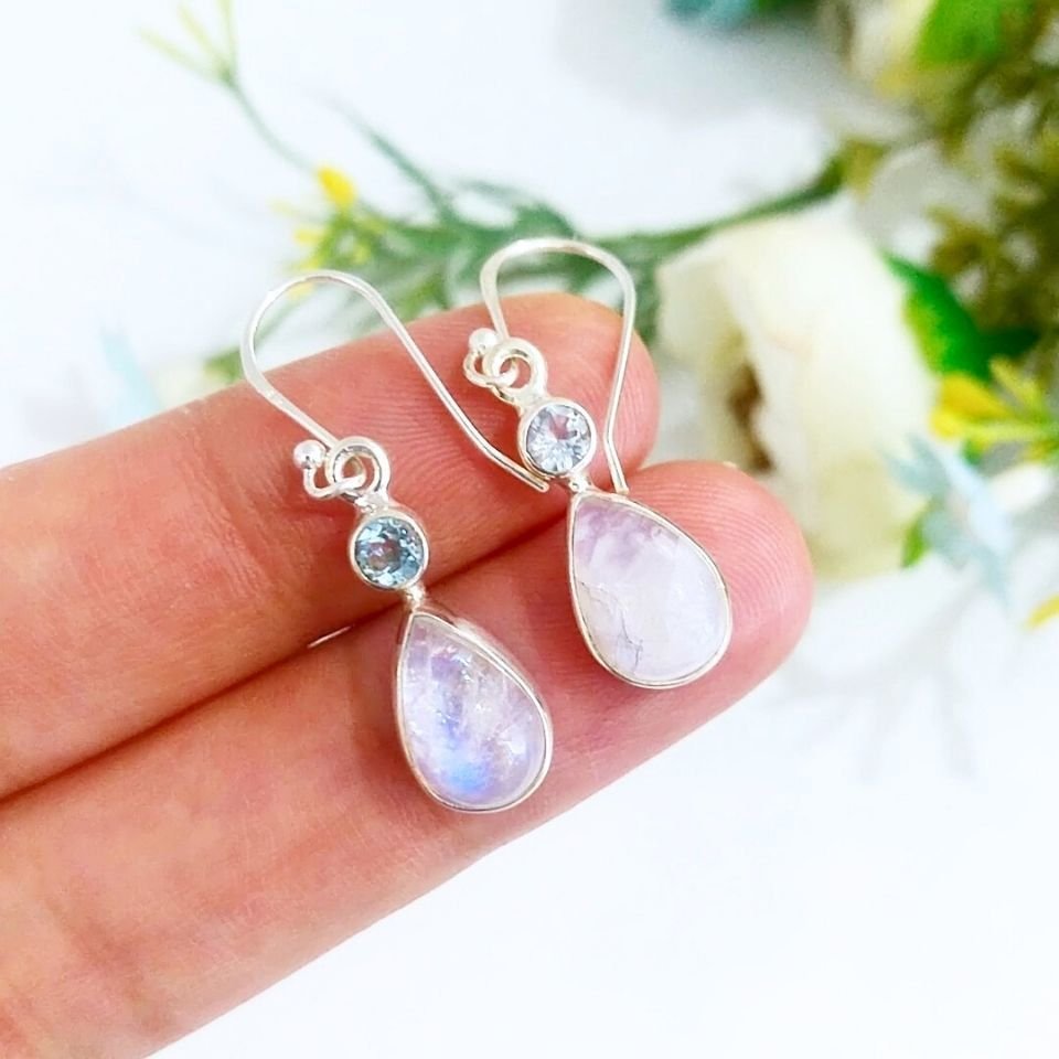 Ay Taşı ve Blue Topaz Özel Tasarım Küpe