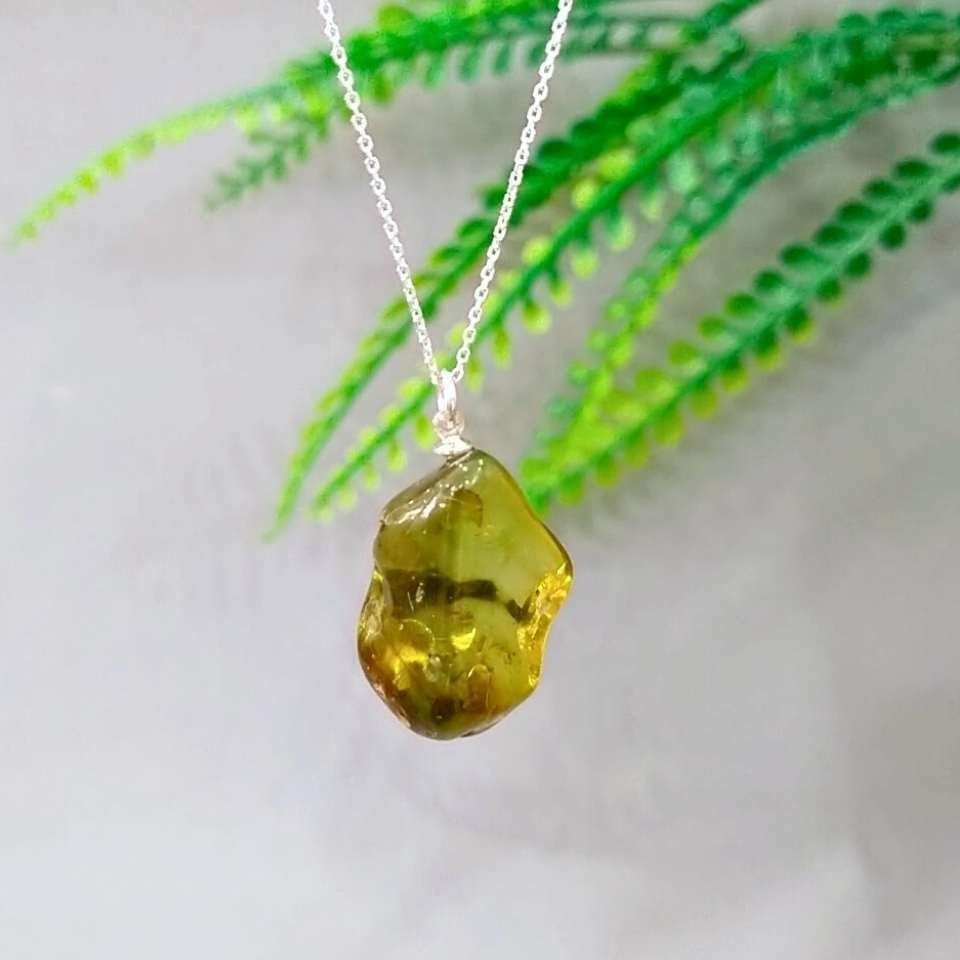 Green Amber Natural Stone Silver Pendant