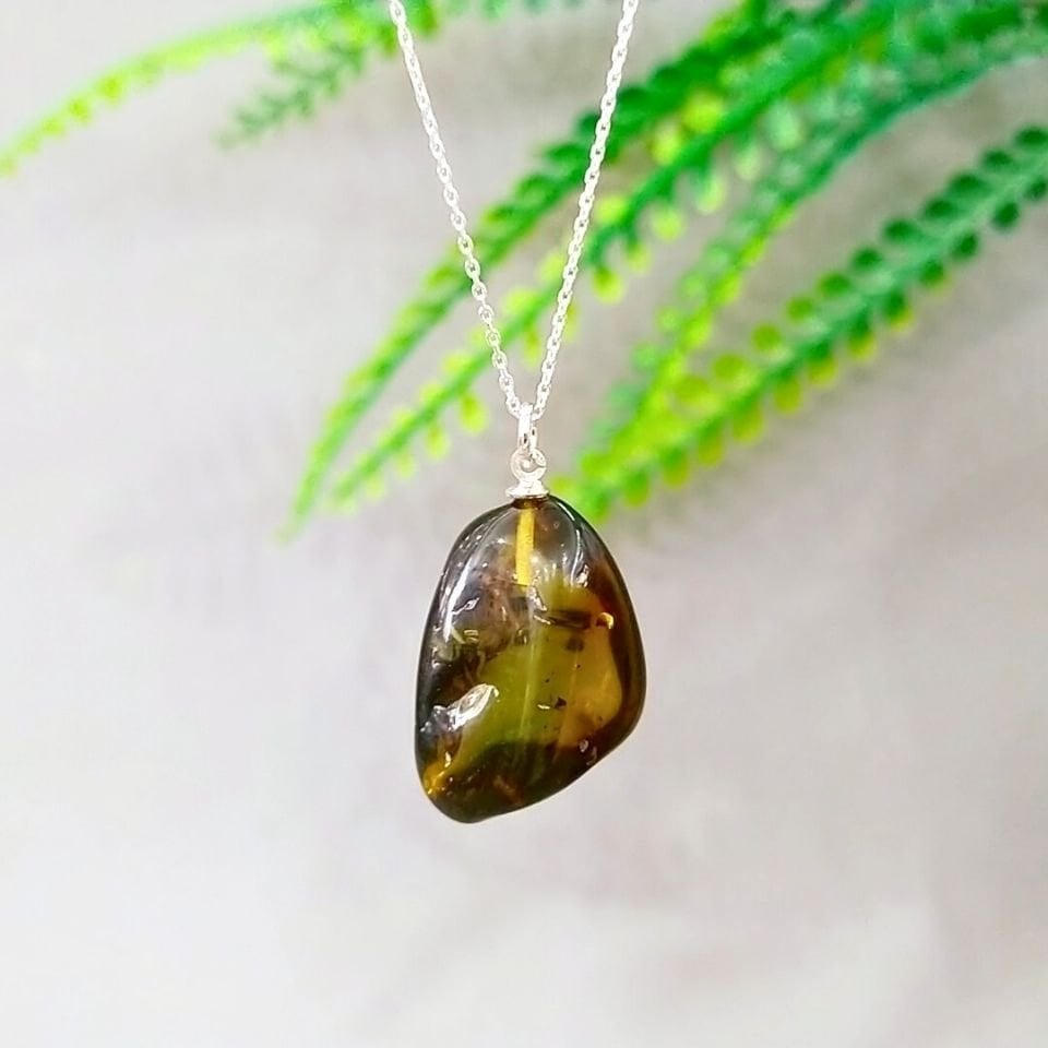 Green Amber Natural Stone Silver Pendant