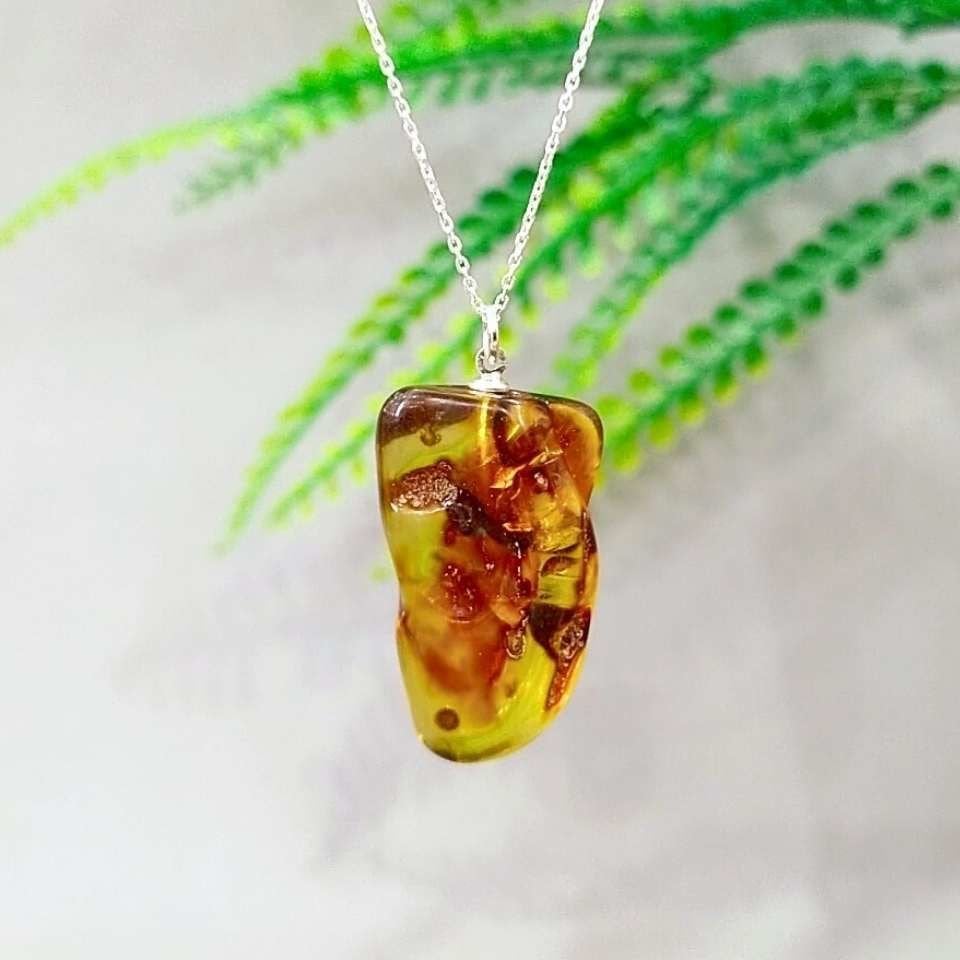 Green Amber Natural Stone Silver Pendant