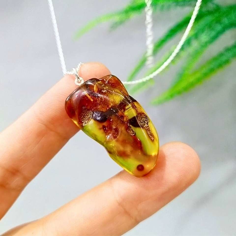 Green Amber Natural Stone Silver Pendant