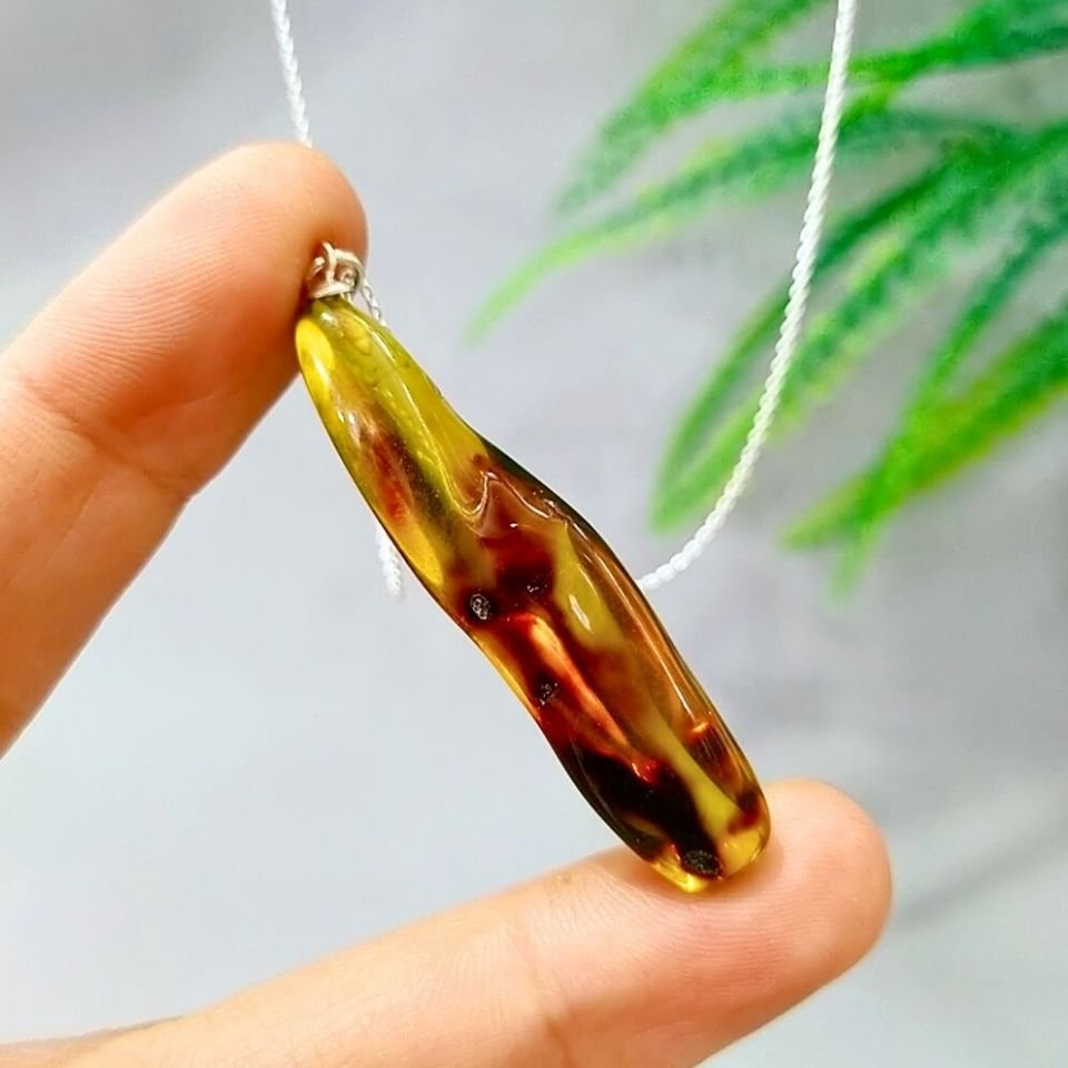 Green Amber Natural Stone Silver Pendant