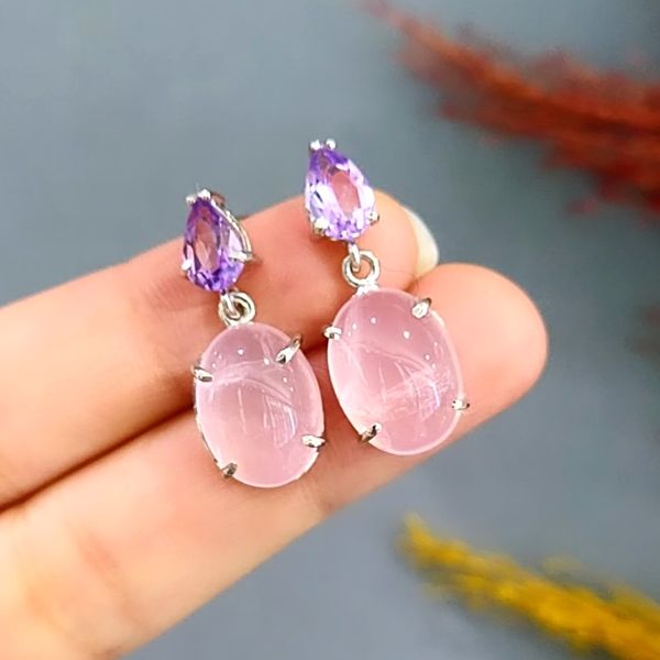 Pembe Kuvars Ametrin Özel Tasarım Küpe