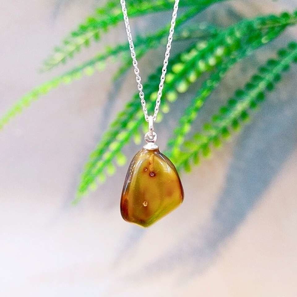 Green Amber Natural Stone Silver Pendant
