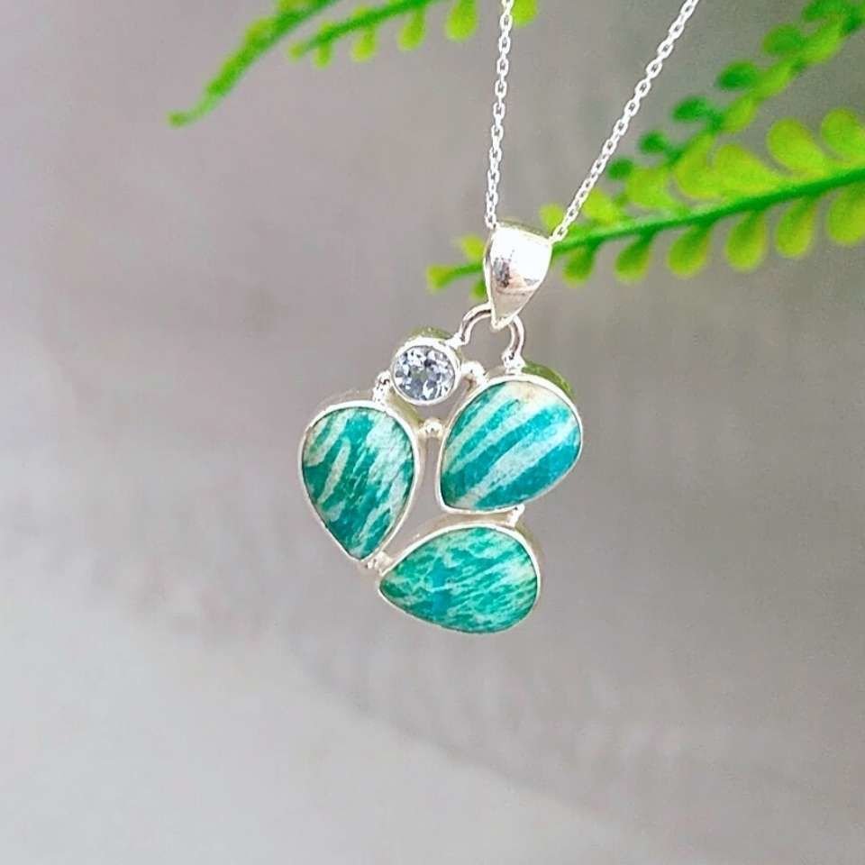 Amazonit ve Blue Topaz Doğal Taş Gümüş Kolye