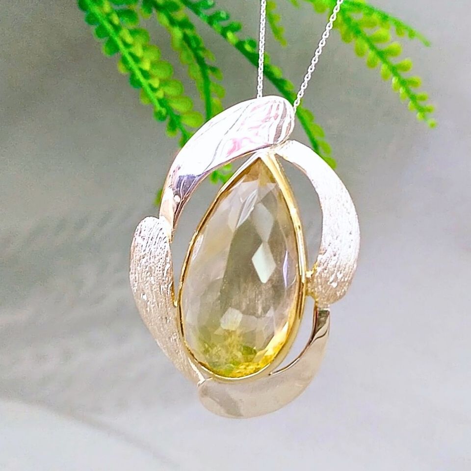 Limon Topaz Özel Tasarım Doğal Taş Gümüş Kolye