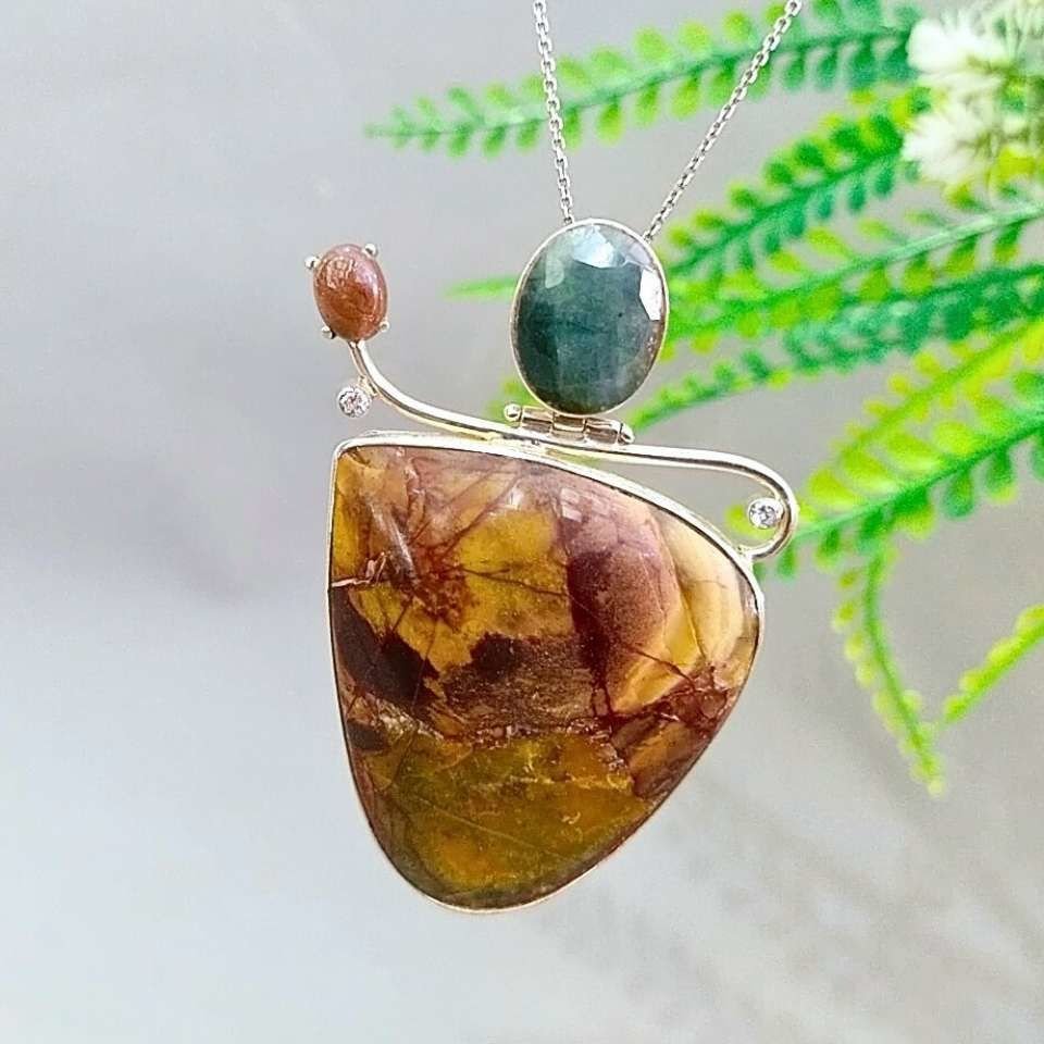 Tree Opal Emerald Tourmaline Special Design Silver Necklace