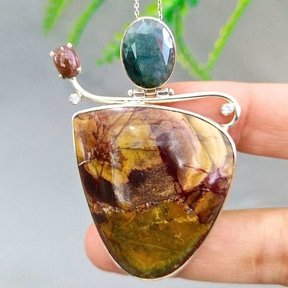 Tree Opal Emerald Tourmaline Special Design Silver Necklace