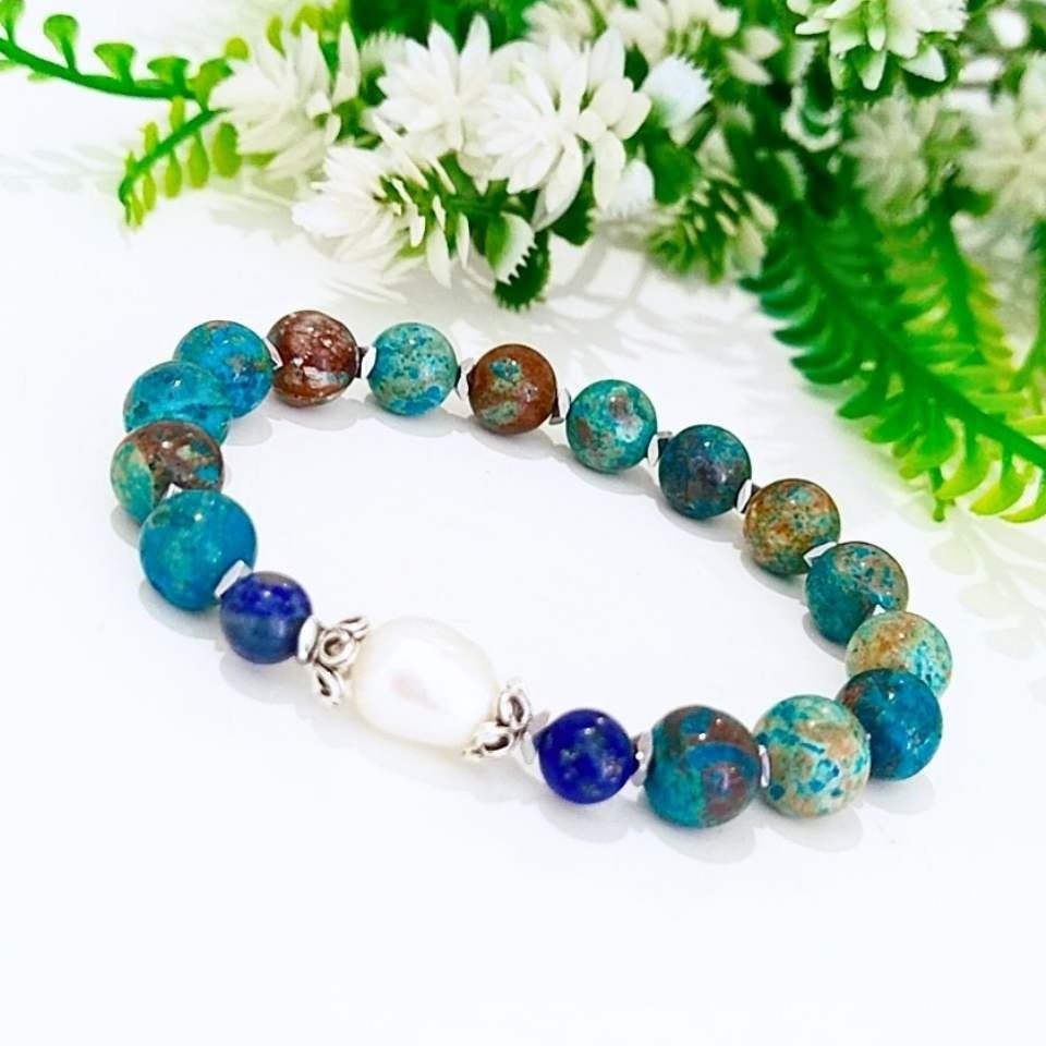 Shattuckite İnci ve Lapis Doğal Taş Bileklik 8 mm
