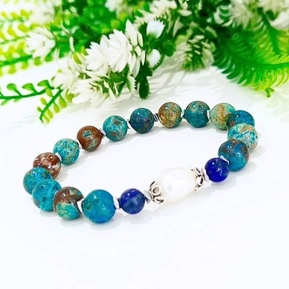 Shattuckite İnci ve Lapis Doğal Taş Bileklik 8 mm