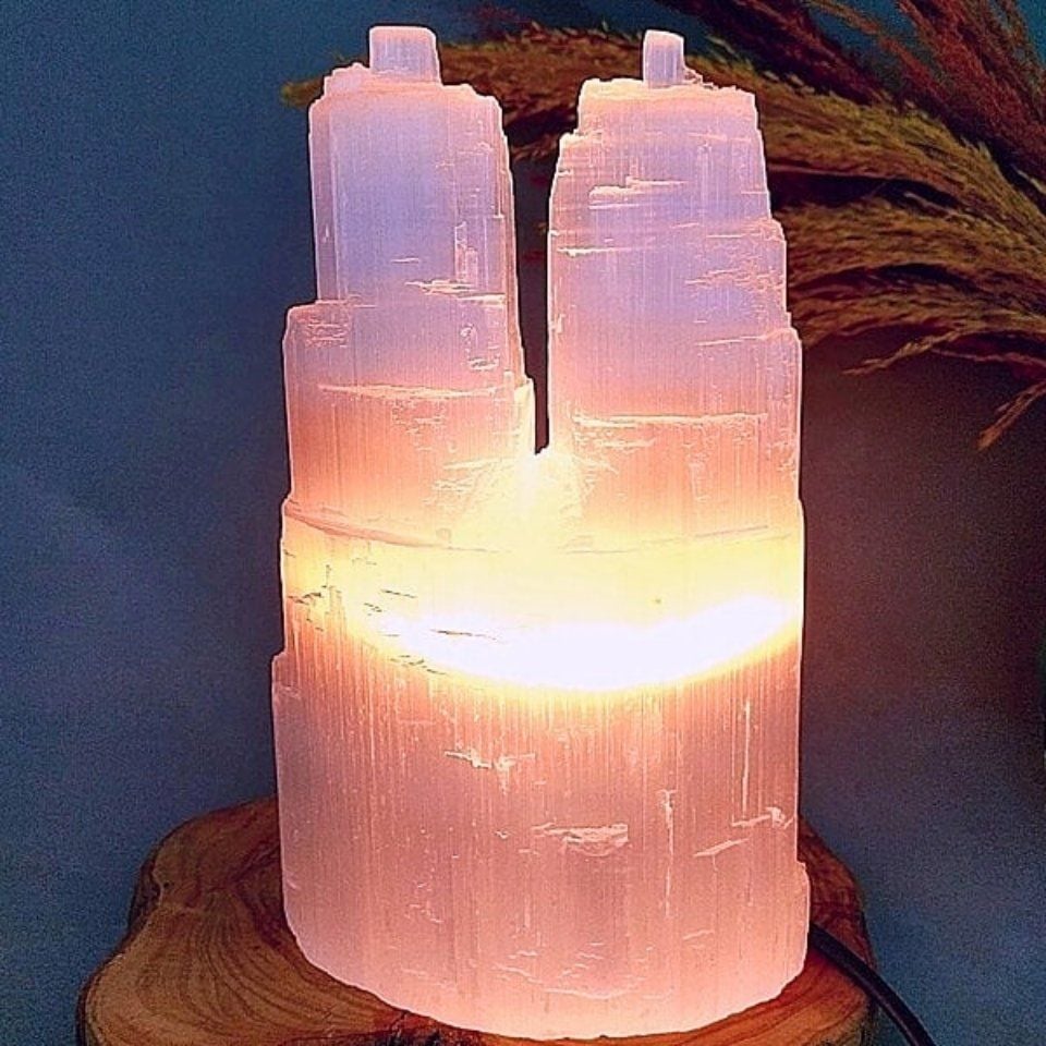 Selenite Stone Twin Tower Lamp - MNR1034