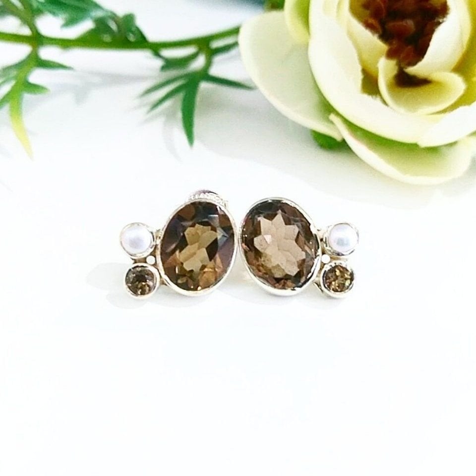 Smoky Topaz ve Doğal İnci Özel Tasarım Küpe