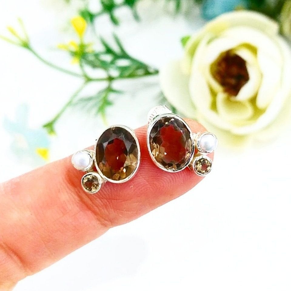 Smoky Topaz ve Doğal İnci Özel Tasarım Küpe