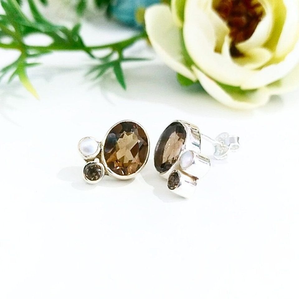 Smoky Topaz ve Doğal İnci Özel Tasarım Küpe