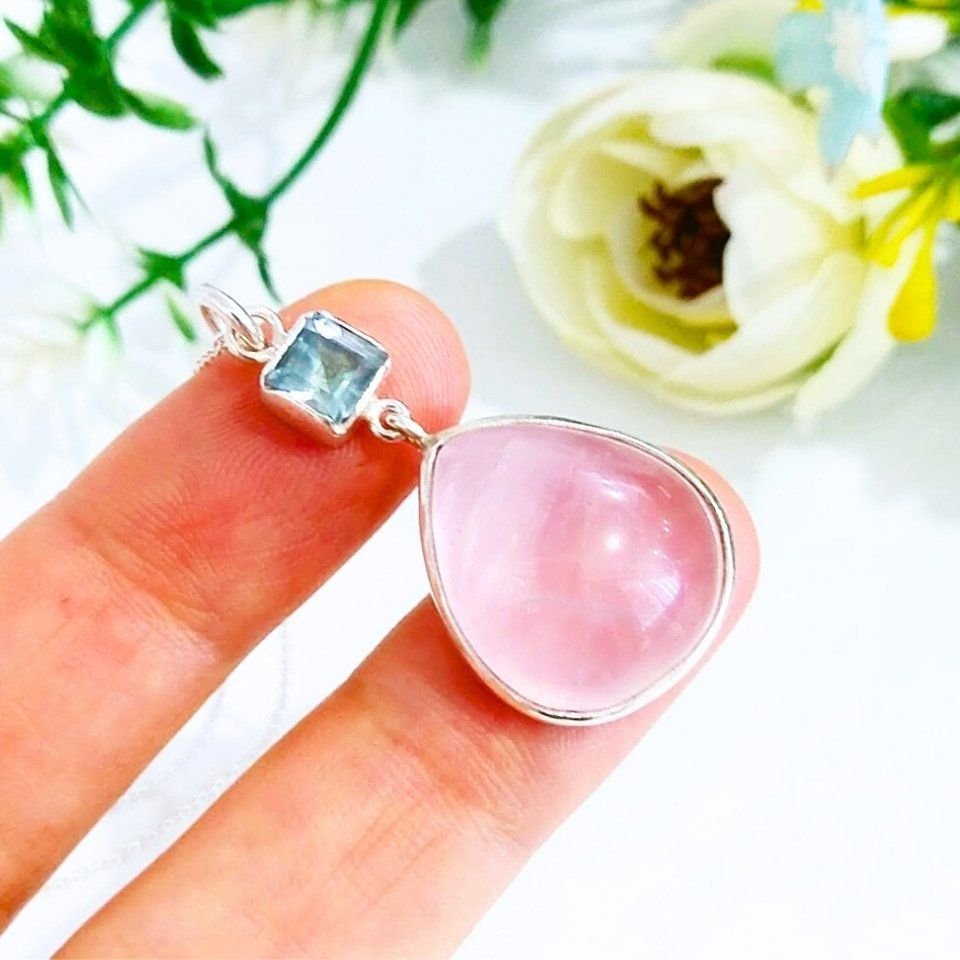 Pembe Kuvars ve Blue Topaz Doğal Taş Kolye