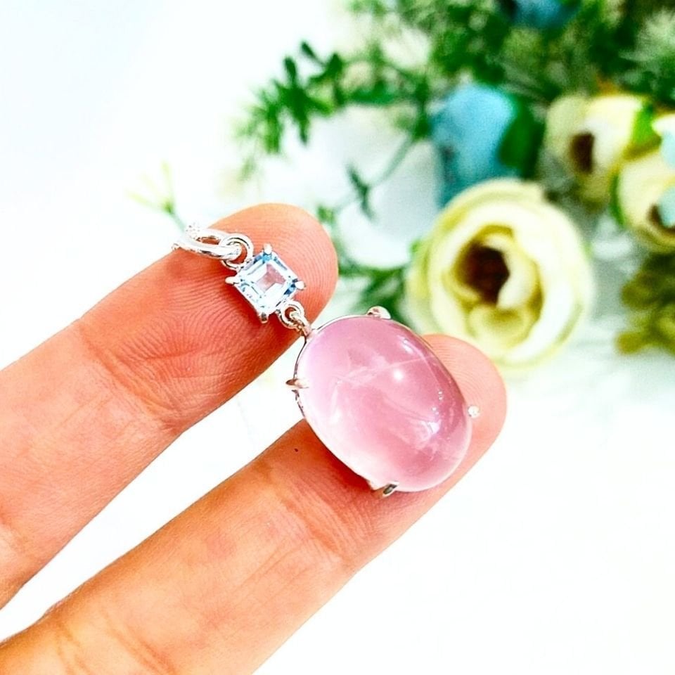 Pembe Kuvars ve Blue Topaz Doğal Taş Kolye