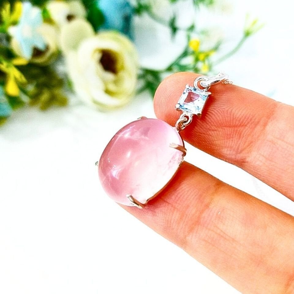 Pembe Kuvars ve Blue Topaz Doğal Taş Kolye
