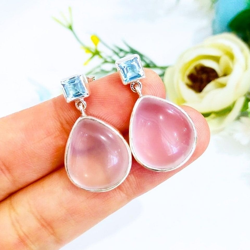 Pembe Kuvars ve Blue Topaz Doğal Taş Küpe