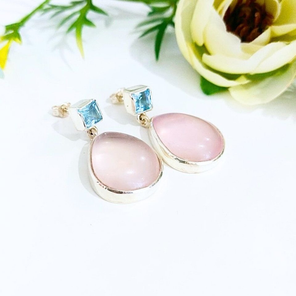 Pembe Kuvars ve Blue Topaz Doğal Taş Küpe