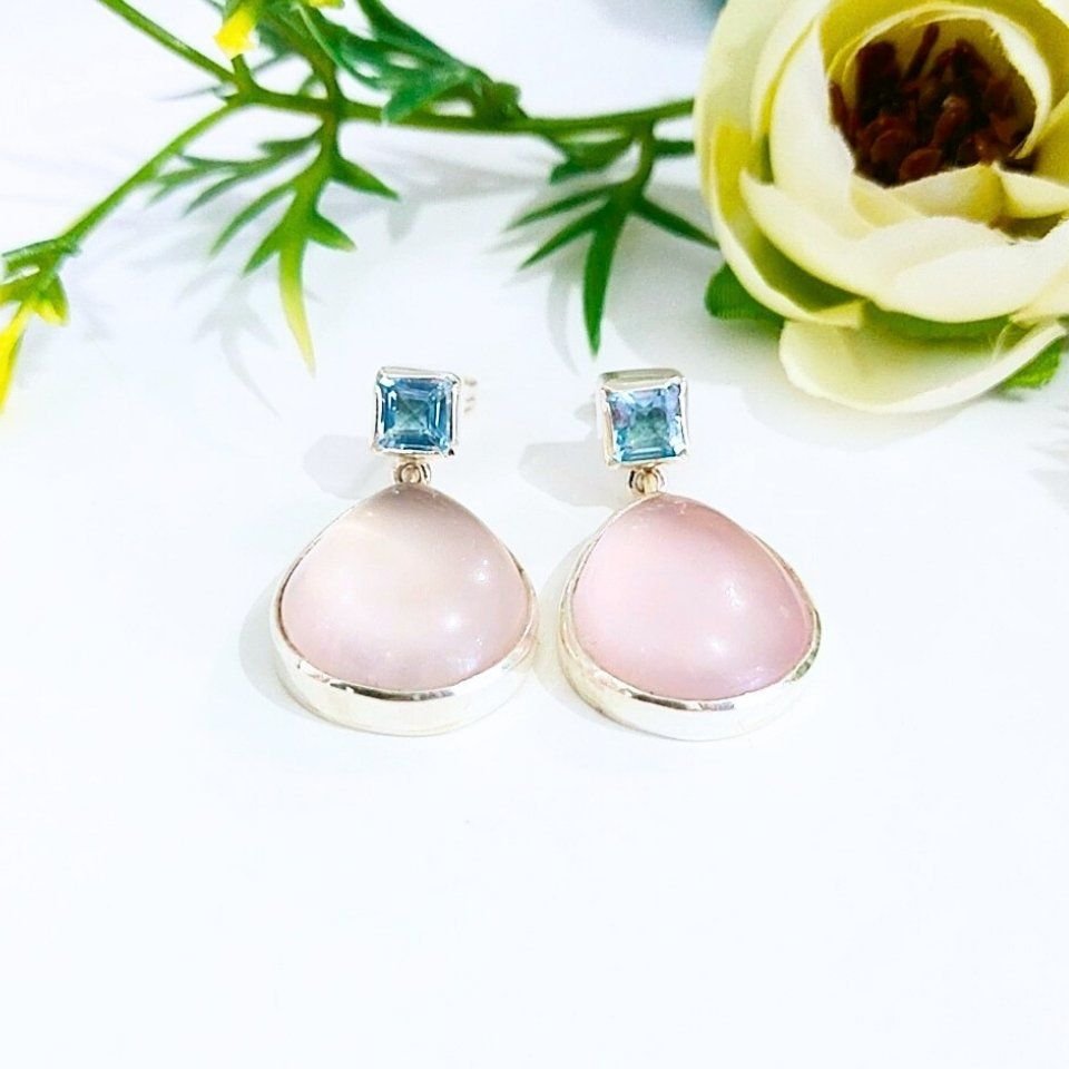 Pembe Kuvars ve Blue Topaz Doğal Taş Küpe
