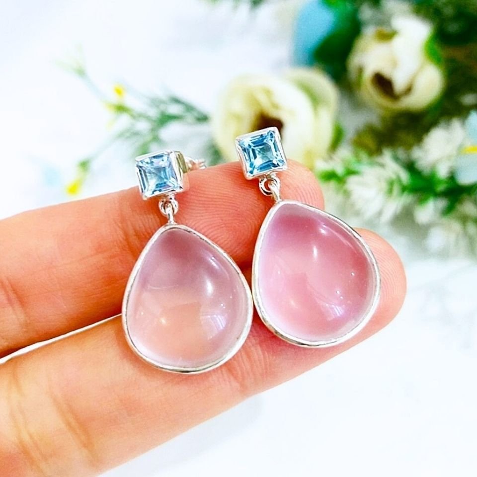 Pembe Kuvars ve Blue Topaz Doğal Taş Küpe