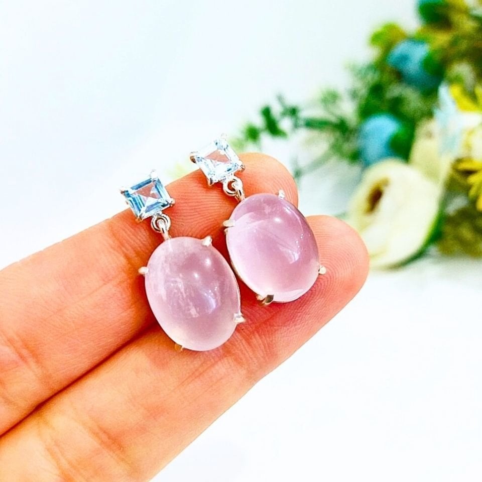 Pembe Kuvars ve Blue Topaz Doğal Taş Küpe