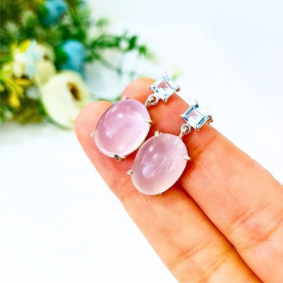 Pembe Kuvars ve Blue Topaz Doğal Taş Küpe