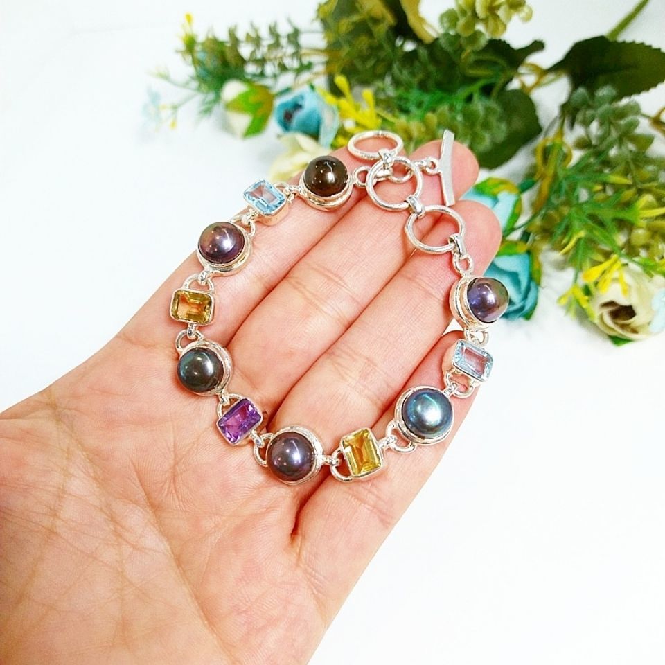 Siyah İnci Blue Topaz Sitrin ve Ametrin Bileklik