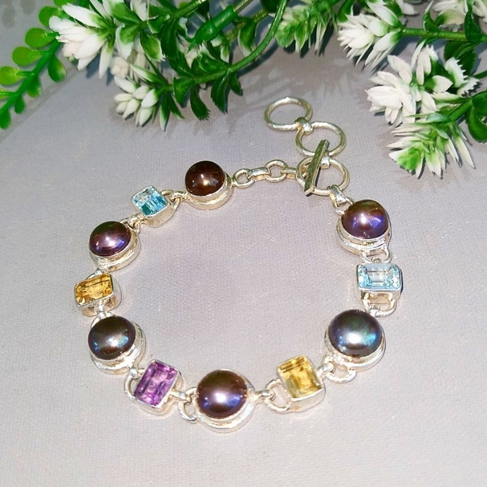 Siyah İnci Blue Topaz Sitrin ve Ametrin Bileklik
