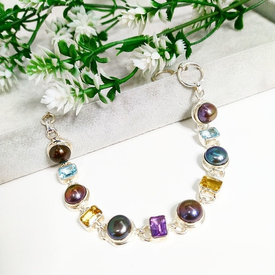 Siyah İnci Blue Topaz Sitrin ve Ametrin Bileklik