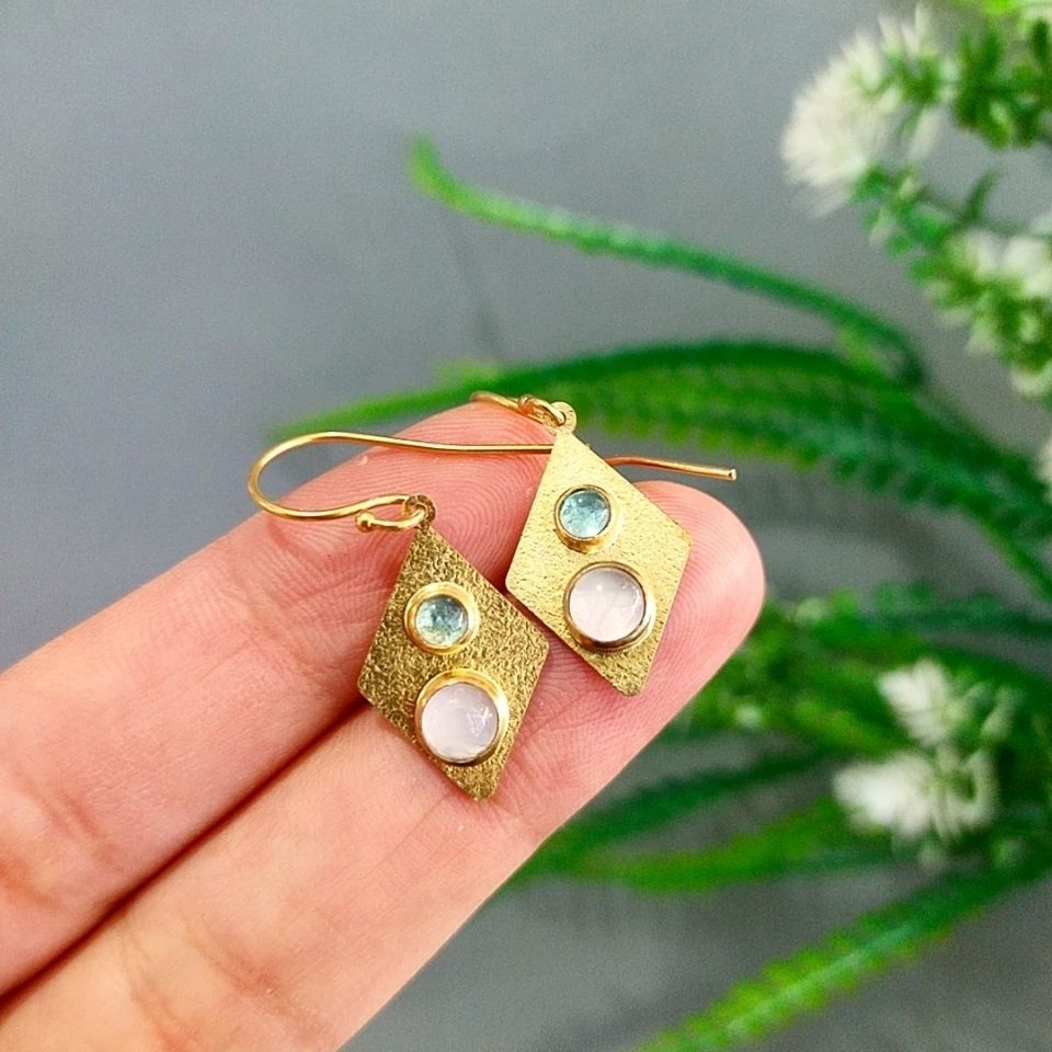 Special Design Rose Quartz and Tourmaline Stone Earrings