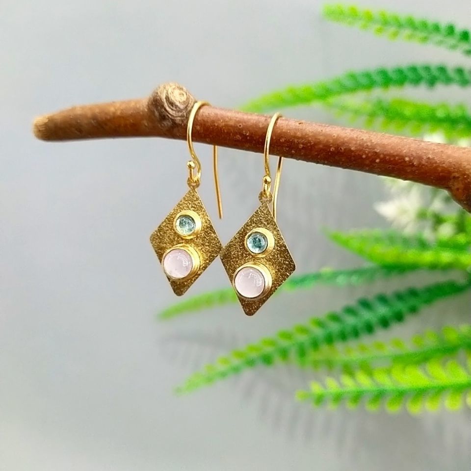 Special Design Rose Quartz and Tourmaline Stone Earrings