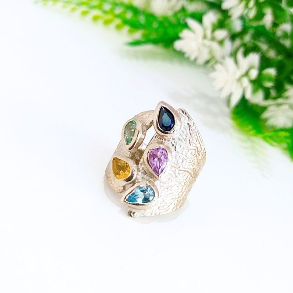 Blue Topaz, Citrine, Ametrine and Sapphire Custom Design Ring